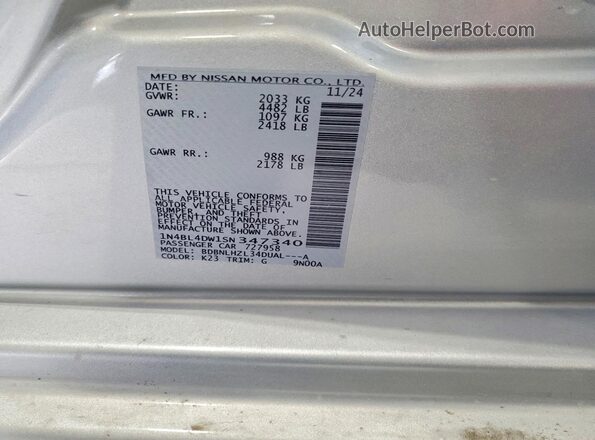 1N4BL4DW1SN347340 2025 NISSAN ALTIMA Серебряный Вид наклейки с VIN-кодом