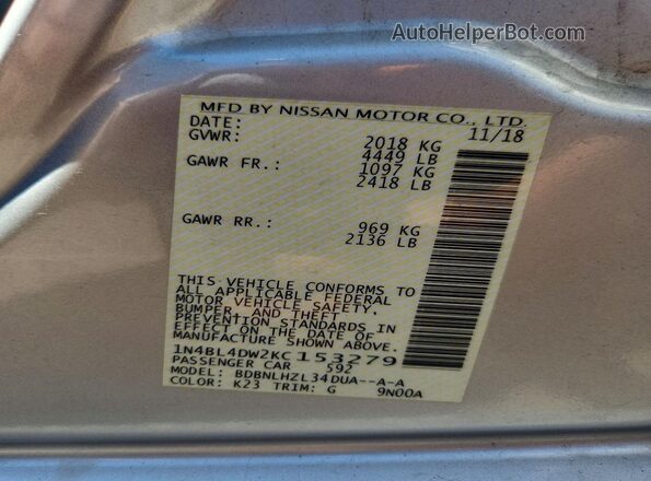 1N4BL4DW2KC153279 2019 NISSAN ALTIMA Silver Widok komory silnika