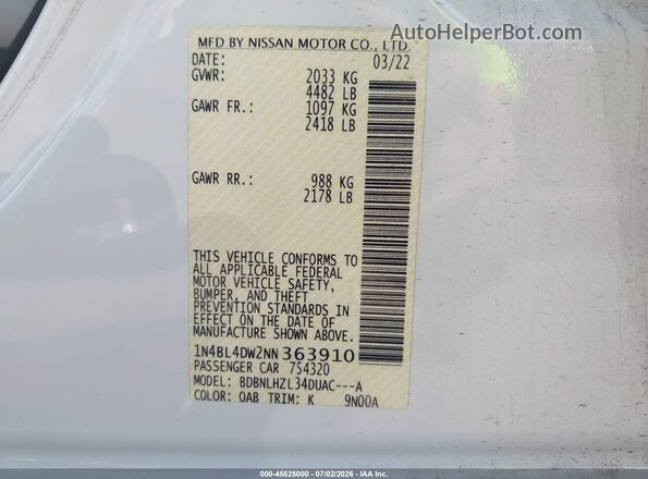 1N4BL4DW2NN363910 2022 NISSAN ALTIMA White ძრავის განყოფილების ხედი