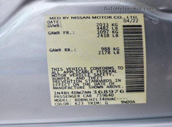 1N4BL4DW2NN368976 2022 NISSAN ALTIMA Серебряный Вид наклейки с VIN-кодом