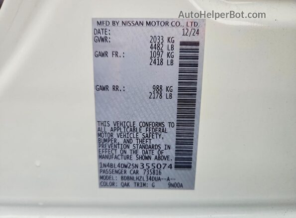 1N4BL4DW2SN355074 2025 NISSAN ALTIMA White VIN კოდის სტიკერის ხედი