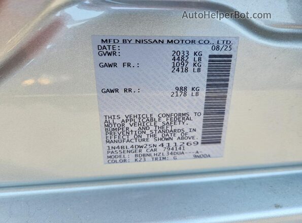 1N4BL4DW2SN411269 2025 NISSAN ALTIMA Silver VIN կոդի պիտակի տեսք