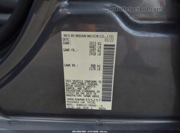 1N4BL4DW4NN355257 2022 NISSAN ALTIMA Gray Вид підкапотного простору