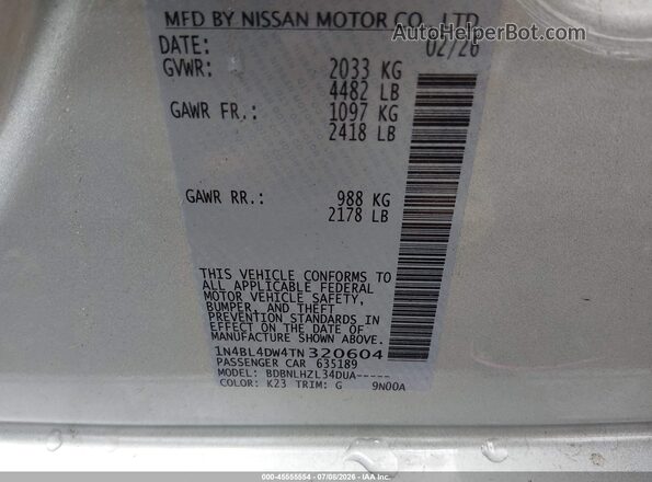 1N4BL4DW4TN320604 2026 NISSAN ALTIMA Silver Вид підкапотного простору