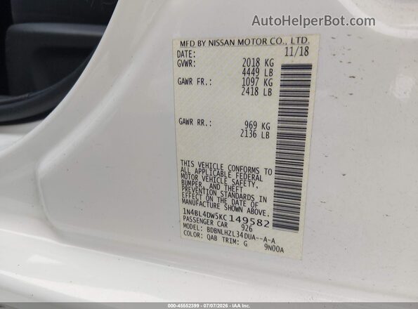 1N4BL4DW5KC149582 2019 NISSAN ALTIMA White Widok komory silnika