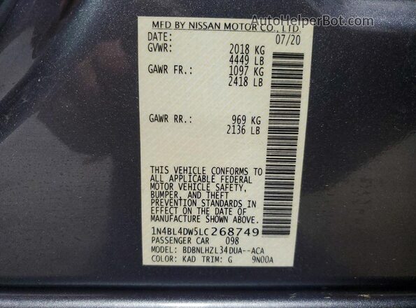 1N4BL4DW5LC268749 2020 NISSAN ALTIMA Серый Вид подкапотного пространства