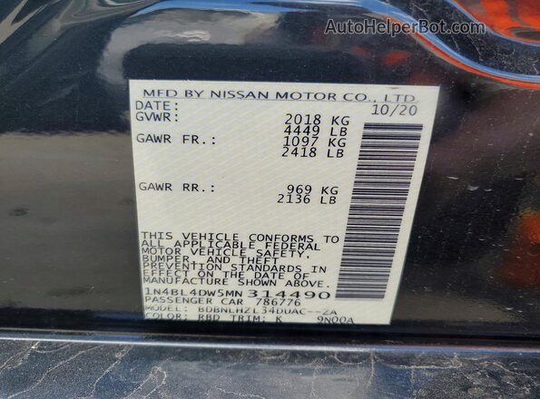 1N4BL4DW5MN314490 2021 NISSAN ALTIMA Black VIN კოდის სტიკერის ხედი