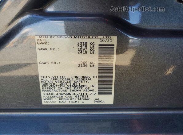 1N4BL4DW5MN420177 2021 NISSAN ALTIMA Gray VIN կոդի պիտակի տեսք