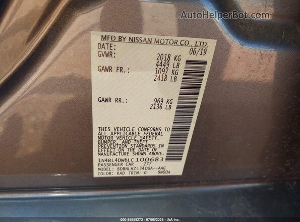 1N4BL4DW6LC100683 2020 NISSAN ALTIMA Gray ძრავის განყოფილების ხედი