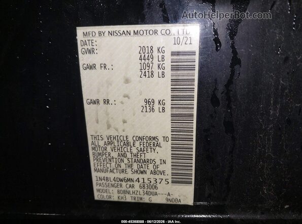 1N4BL4DW6MN415375 2021 NISSAN ALTIMA Black Вид підкапотного простору