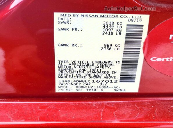 1N4BL4DW8LC167012 2020 NISSAN ALTIMA Burgundy Vista de la etiqueta del VIN