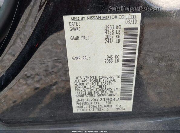 1N4BL4EV0KC219043 2019 NISSAN ALTIMA Черный Вид подкапотного пространства