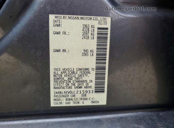 1N4BL4EV0LC215933 2020 NISSAN ALTIMA Gray Widok komory silnika