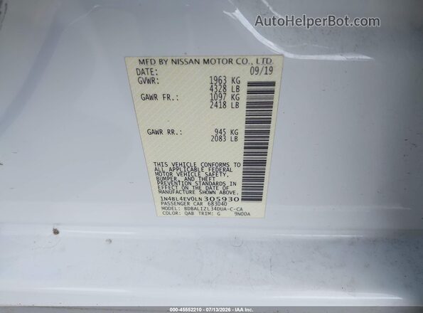 1N4BL4EV0LN305930 2020 NISSAN ALTIMA White ძრავის განყოფილების ხედი