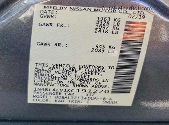 1N4BL4EV1KC191270 2019 NISSAN ALTIMA Gray ძრავის განყოფილების ხედი