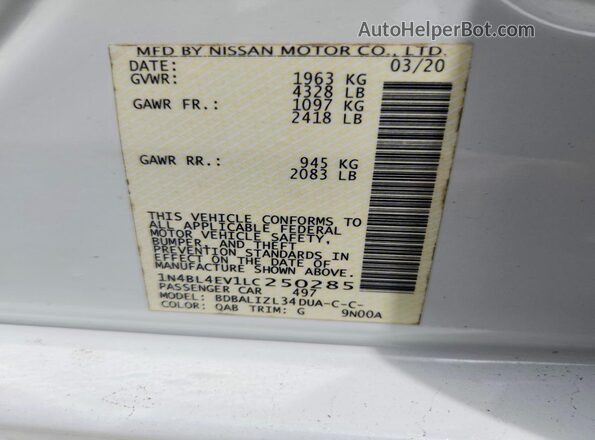 1N4BL4EV1LC250285 2020 NISSAN ALTIMA White Вид підкапотного простору