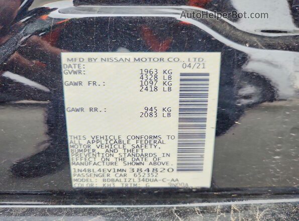 1N4BL4EV1MN384820 2021 NISSAN ALTIMA Black Vista de la etiqueta del VIN