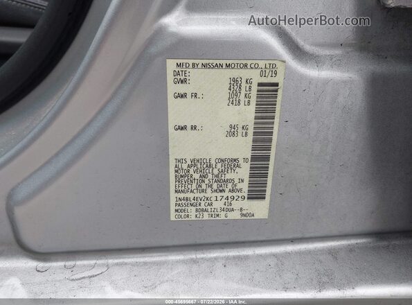 1N4BL4EV2KC174929 2019 NISSAN ALTIMA Серебряный Вид подкапотного пространства