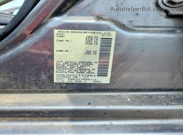 1N4BL4EV2LC127661 2020 NISSAN ALTIMA Серый Вид наклейки с VIN-кодом