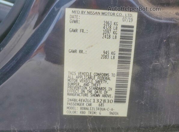 1N4BL4EV2LC132830 2020 NISSAN ALTIMA Charcoal VIN sticker view