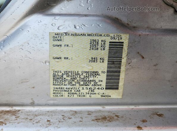 1N4BL4EV2LC156240 2020 NISSAN ALTIMA Silver VIN կոդի պիտակի տեսք