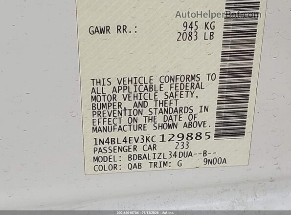 1N4BL4EV3KC129885 2019 NISSAN ALTIMA White Вид підкапотного простору