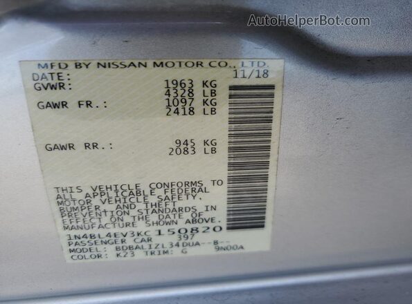 1N4BL4EV3KC150820 2019 NISSAN ALTIMA Silver Շարժիչի բաժամունքի տեսք