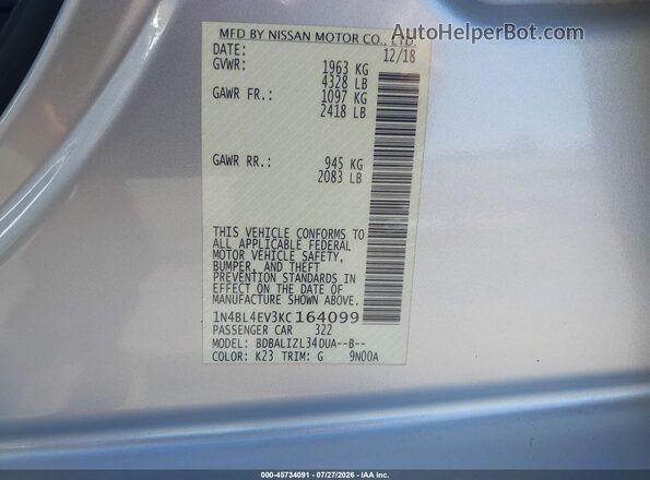 1N4BL4EV3KC164099 2019 NISSAN ALTIMA Silver Շարժիչի բաժամունքի տեսք