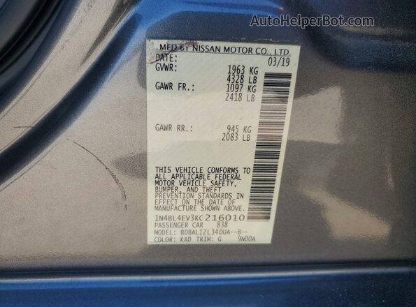 1N4BL4EV3KC216010 2019 NISSAN ALTIMA Gray ძრავის განყოფილების ხედი