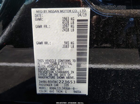1N4BL4EV3KC223653 2019 NISSAN ALTIMA Black Вид підкапотного простору