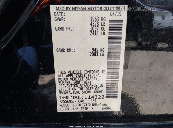 1N4BL4EV3LC114322 2020 NISSAN ALTIMA Black Շարժիչի բաժամունքի տեսք