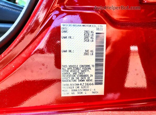 1N4BL4EV3NN423666 2022 NISSAN ALTIMA Red ძრავის განყოფილების ხედი