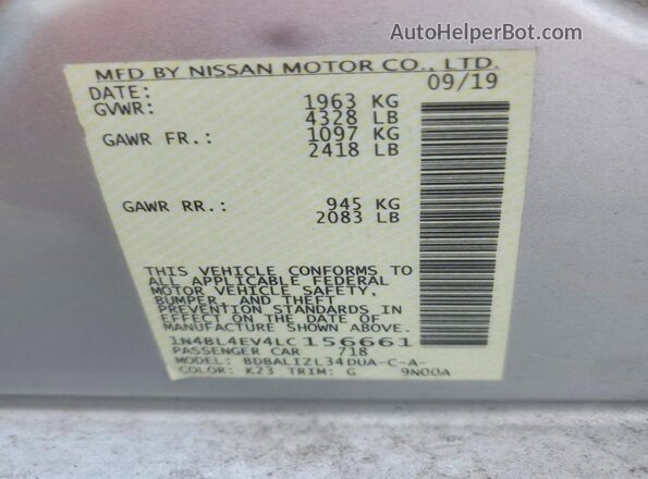 1N4BL4EV4LC156661 2020 NISSAN ALTIMA Silver VIN sticker view