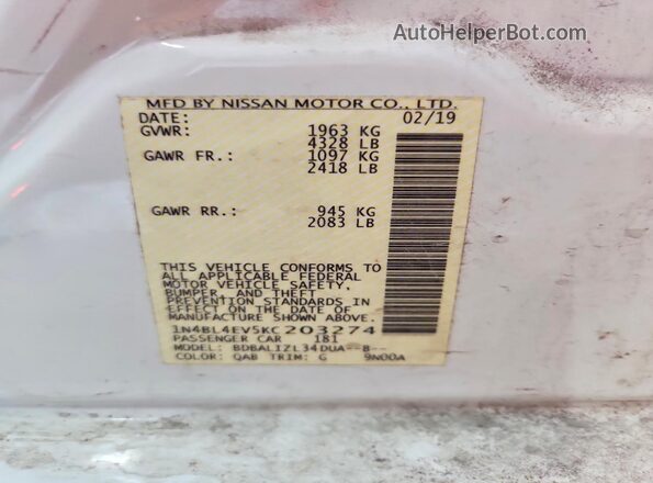 1N4BL4EV5KC203274 2019 NISSAN ALTIMA White VIN კოდის სტიკერის ხედი