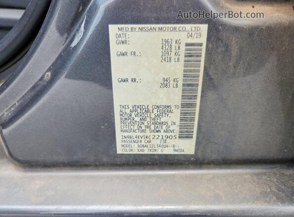 1N4BL4EV5KC221905 2019 NISSAN ALTIMA Gray Engine compartment view