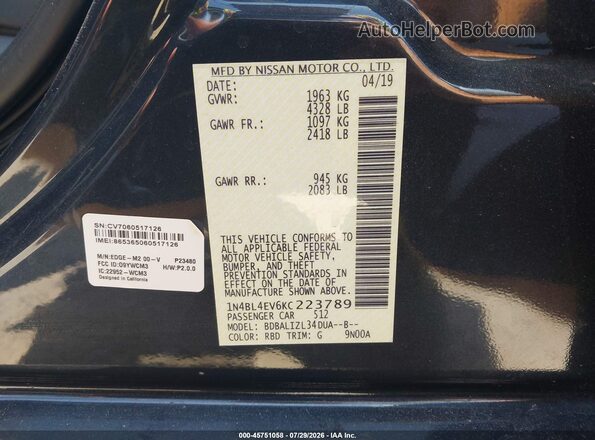 1N4BL4EV6KC223789 2019 NISSAN ALTIMA Gray Vista del compartimento del motor