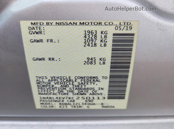 1N4BL4EV7KC250113 2019 NISSAN ALTIMA Silver Շարժիչի բաժամունքի տեսք