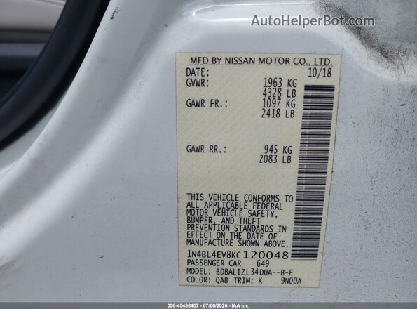 1N4BL4EV8KC120048 2019 NISSAN ALTIMA White Vista del compartimento del motor