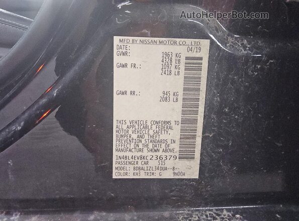 1N4BL4EV8KC236379 2019 NISSAN ALTIMA Black ძრავის განყოფილების ხედი