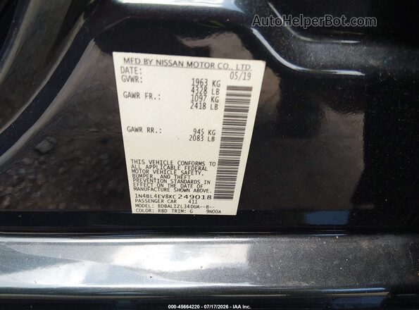 1N4BL4EV8KC249018 2019 NISSAN ALTIMA Black Vista del compartimento del motor