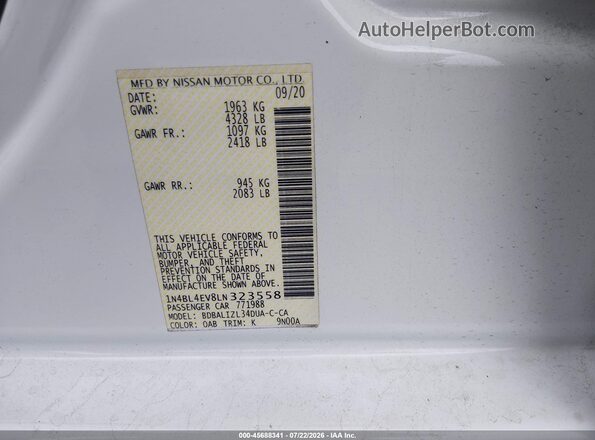 1N4BL4EV8LN323558 2020 NISSAN ALTIMA Белый Вид подкапотного пространства