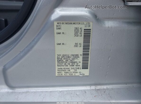 1N4BL4EVXKC162981 2019 NISSAN ALTIMA Silver ძრავის განყოფილების ხედი