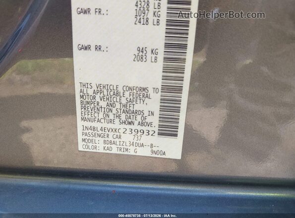 1N4BL4EVXKC239932 2019 NISSAN ALTIMA Silver Вид підкапотного простору