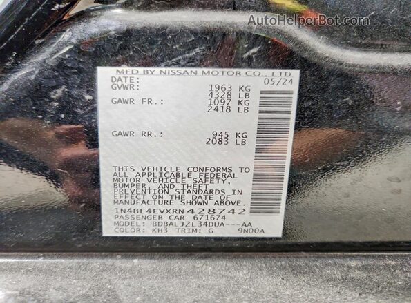 1N4BL4EVXRN428742 2024 NISSAN ALTIMA Black VIN կոդի պիտակի տեսք