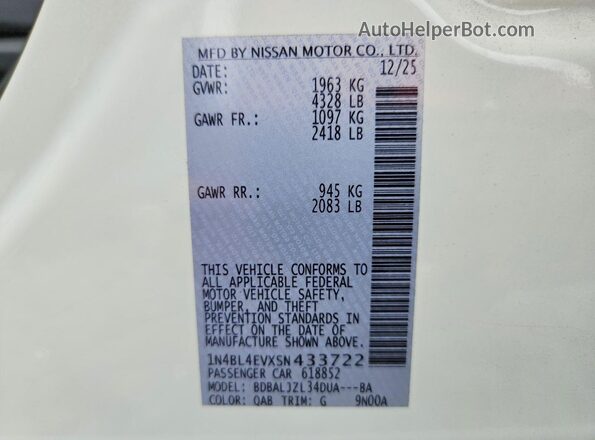 1N4BL4EVXSN433722 2025 NISSAN ALTIMA White ძრავის განყოფილების ხედი