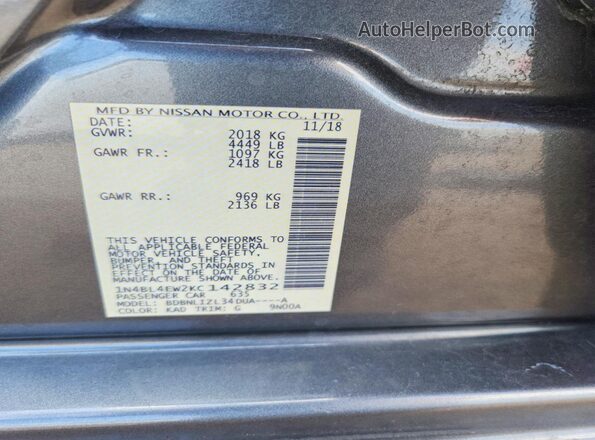 1N4BL4EW2KC142832 2019 NISSAN ALTIMA Gray Вид підкапотного простору
