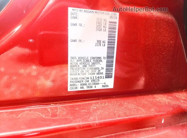 1N4BL4EW2SN315401 2025 NISSAN ALTIMA Red ძრავის განყოფილების ხედი