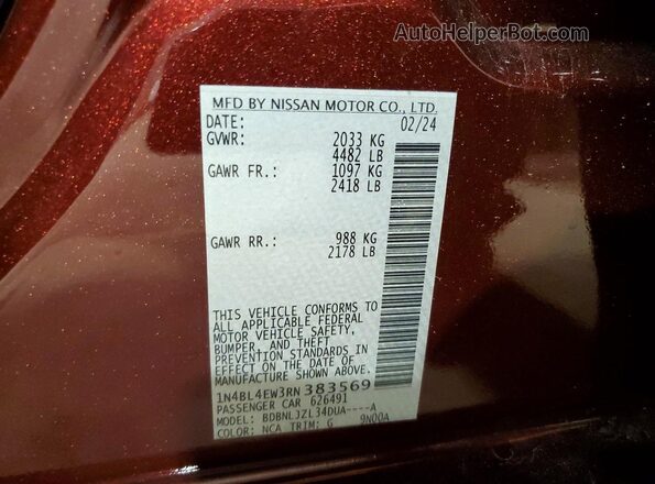 1N4BL4EW3RN383569 2024 NISSAN ALTIMA Red VIN კოდის სტიკერის ხედი