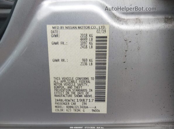 1N4BL4EW7KC198717 2019 NISSAN ALTIMA Silver Вид підкапотного простору