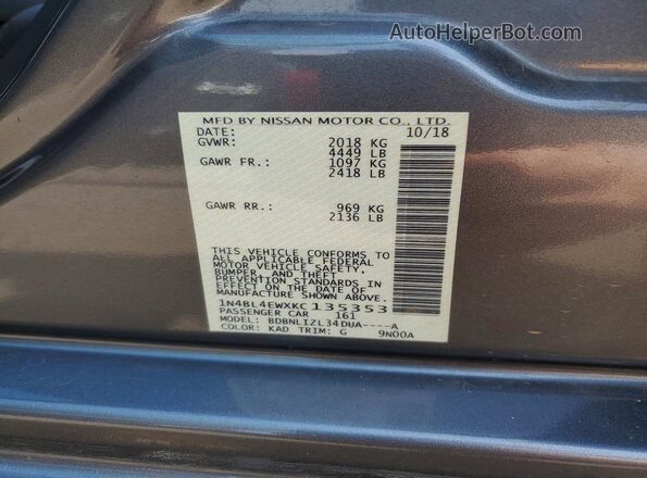 1N4BL4EWXKC135353 2019 NISSAN ALTIMA Gray VIN կոդի պիտակի տեսք